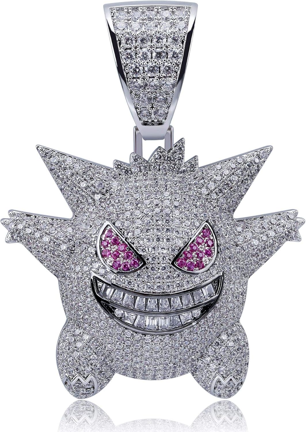 KMASAL Jewelry Unisex Exquisite Bubble Gengar Pendant Hip Hop Iced Out Rhinestone Crystal Necklace 18K Gold Plated with 24” Stainless Rope Chain for Men Women (Silver): Clothing