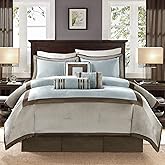 Madison Park Cozy Comforter Set-Deluxe Hotel Collection, All Season Down Alternative Luxury Bedding with Matching Shams, Decorative Pillows, Queen(90"x90"), Genevieve, Blue 7 Piece