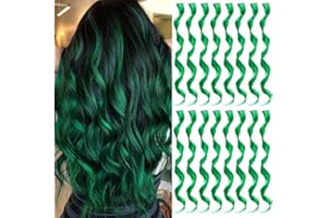 TOFAFA 16 Pcs Colored Hair Extensions Curly Wavy Clip in Synthetic Hairpiece Streak for Girls Women Kids, Multi-colors St. Patrick's Day Party Highlights Cosplay Festival Gift(Green)