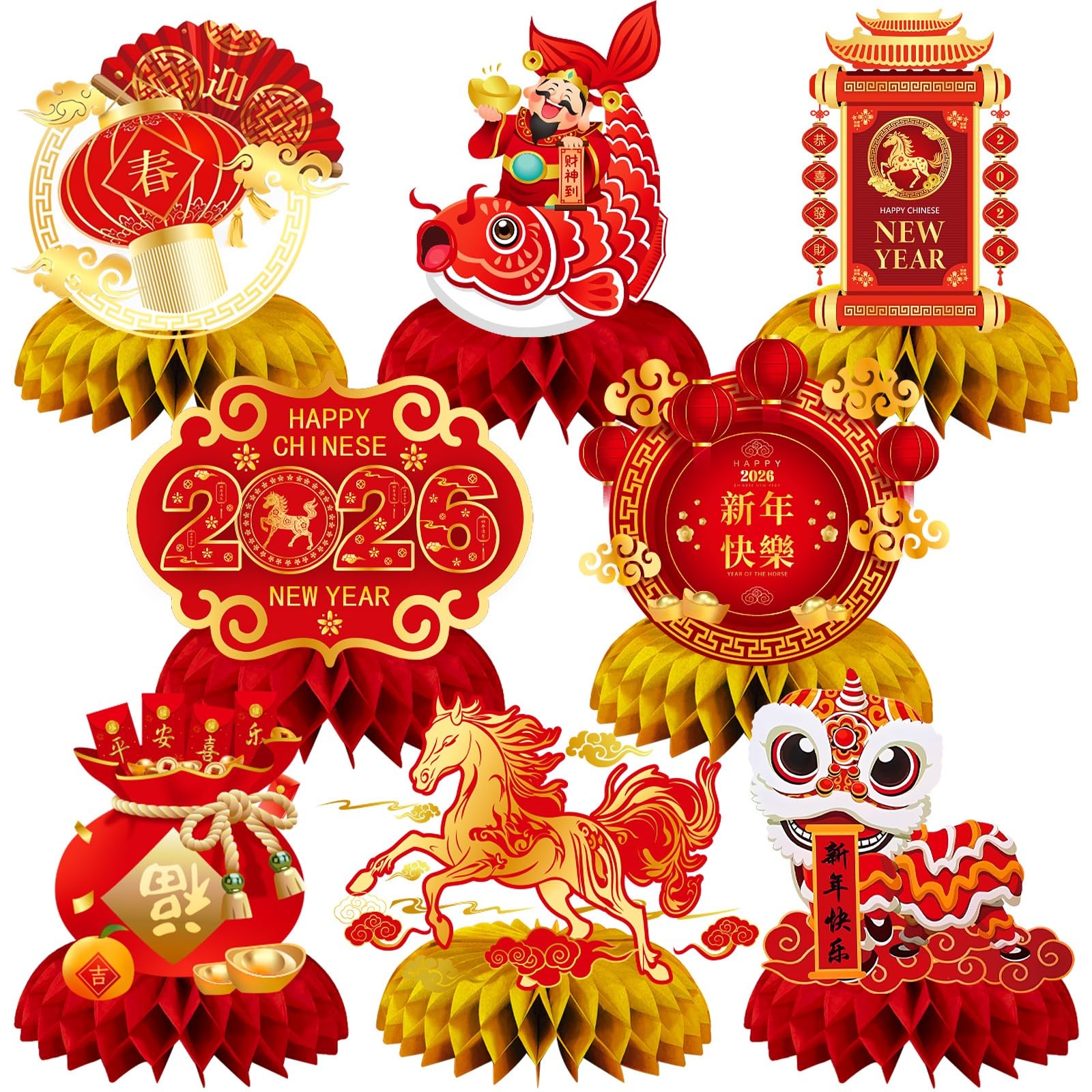 JULMELON Chinese New Year Decorations 2026 Happy New Year Honeycomb Centerpieces, 8 PCS Red and Gold Year of the Horse Table Toppers Decor for Decorations Spring Festival Supplies