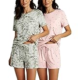 Real Essentials 2 Pack: Women’s Short Sleeve Pajama Short Set - Comfy Lightweight Soft Lounge Sleepwear (Plus