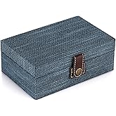 Hipiwe Treasure Chest Jewelry Box - Wooden Decorative Box with Clasp Linen Covered Memento Case Box Rectangular Keepsake Box Photos Storage Organizer Home Decor,Blue