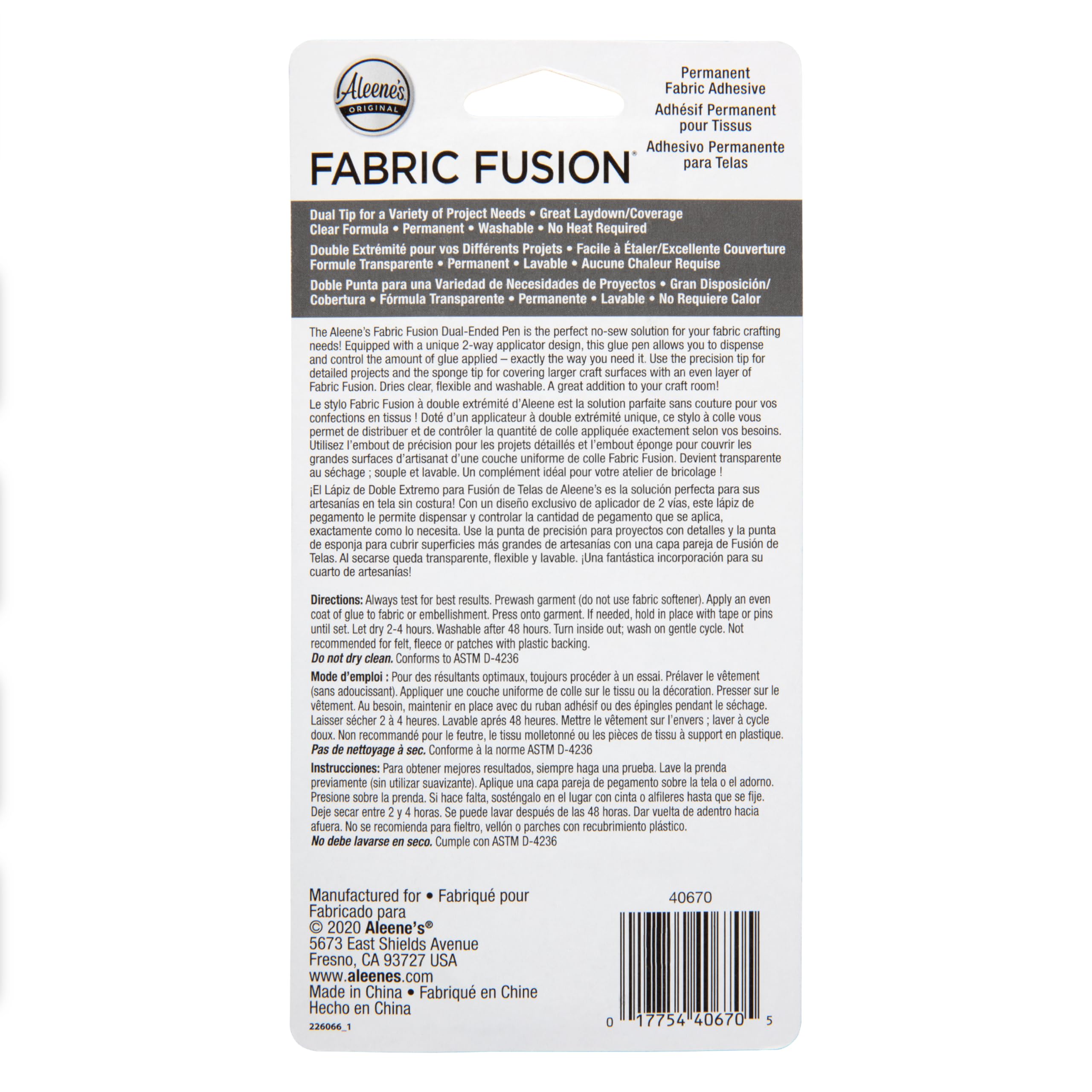 Aleene's Fabric Fusion Glue 1.6 oz Dual-Ended Pen, Fine Tip & Sponge Tip, Nontoxic, Permanent and Washable Adhesive, Dries Flexible, Strong Bond on Fabrics, Patches, Clothing, Denim, Materials