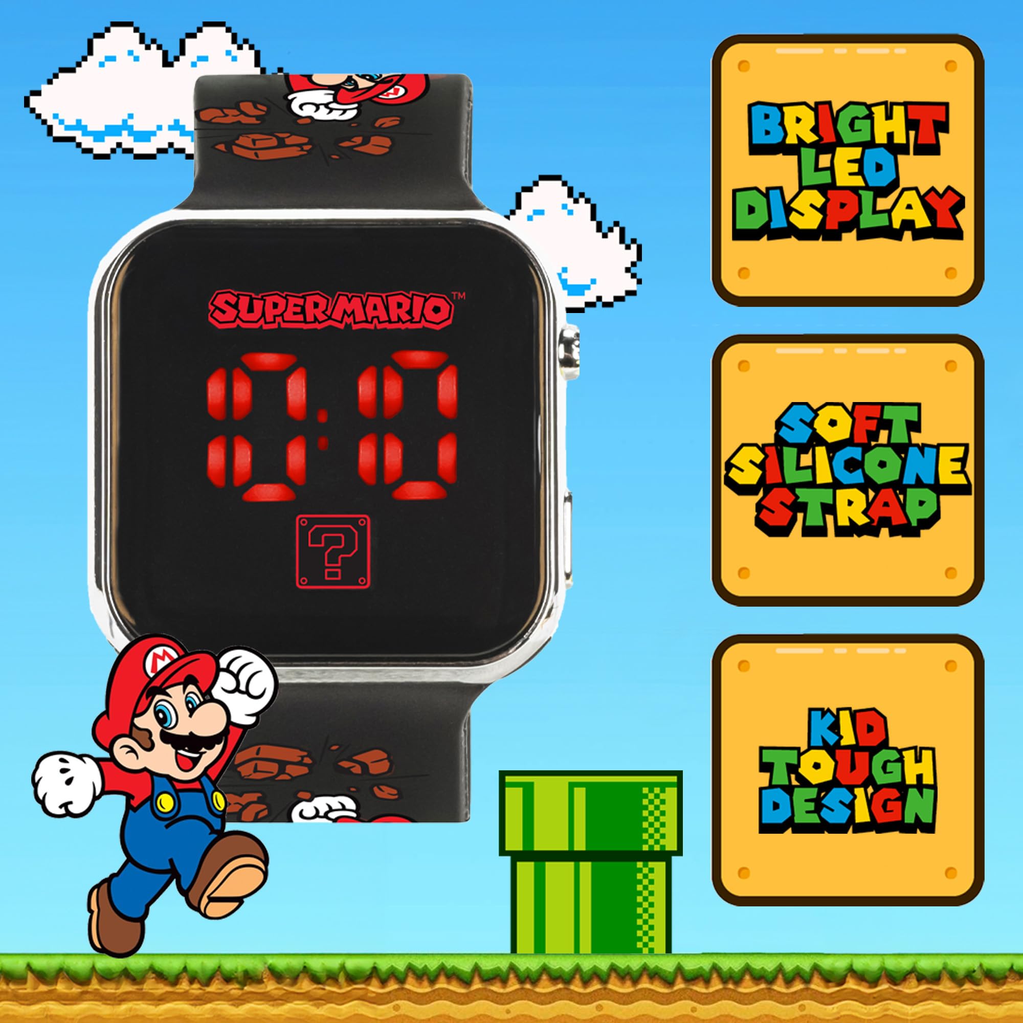 Accutime Nintendo Super Mario Kids LED Watch – Silver Plastic Case, Red LED Display, Iconic Mario Design, Durable Strap with Printed Artwork, Alloy Buckle, Fun Timepiece for Boys and Girls, Ages 6-12