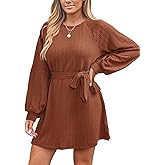 CUPSHE Womens Mini Fall Dresses Round Neck Casual Long Sleeve Woven Belted Short Work Outfit A Line Flowy Dress