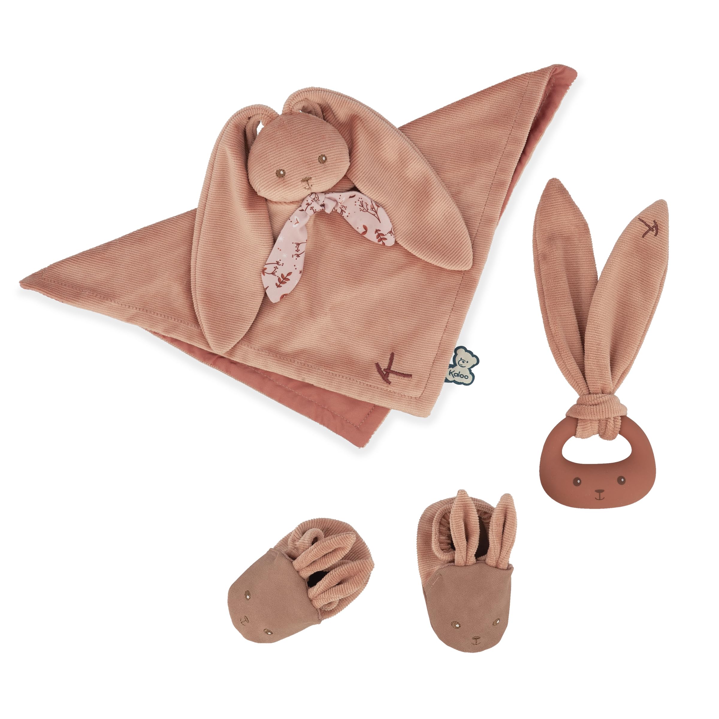 Kaloo - Lapinoo - Newborn Gift Set - Terracotta Colour - 3 Baby Accessories - Baby’s Comforter + Teething Ring + Booties - 11 cm - 0 Months +, K218012