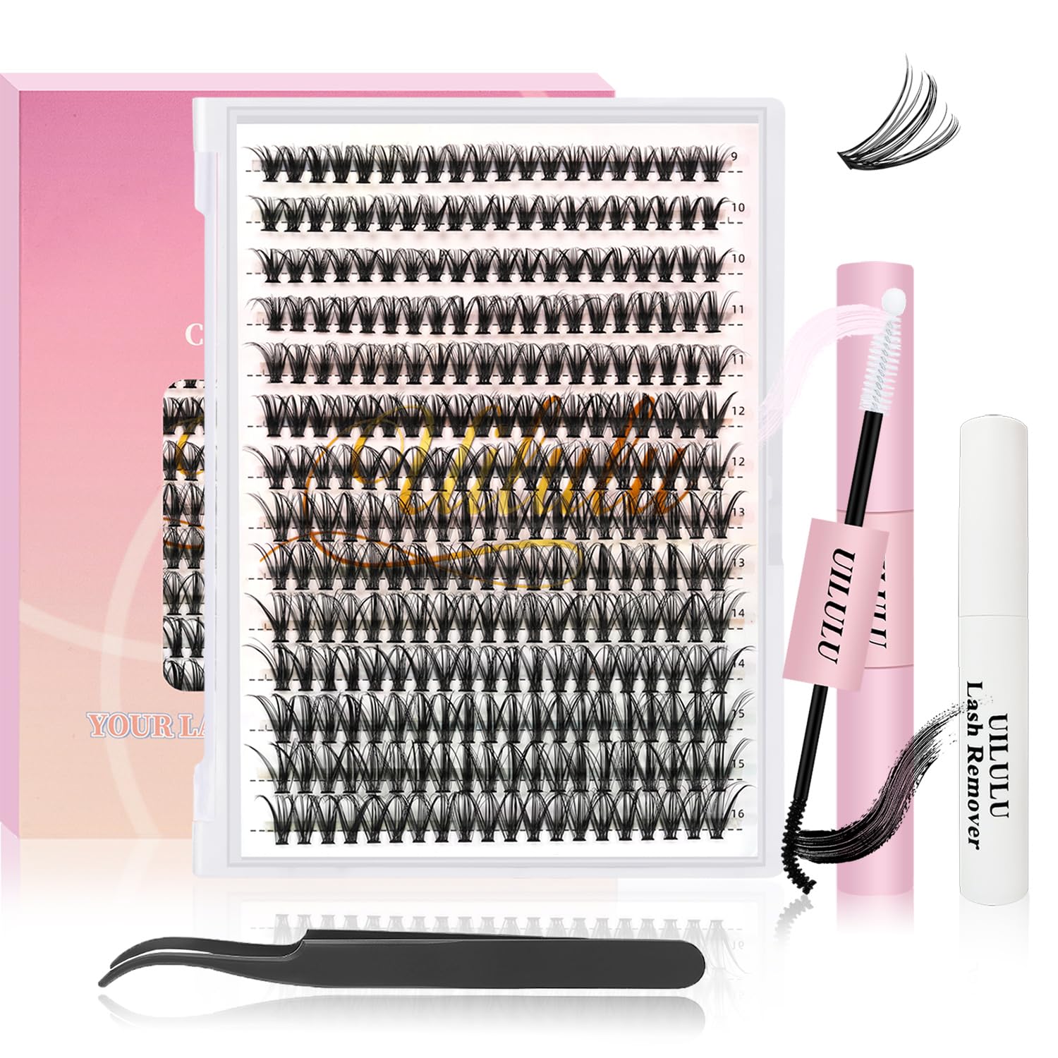 Uilulu DIY Lash Extension Kit - 280pcs Individual Lashes (30D, 0.07D, 9-16MM) with Lash Bond, Seal, Remover & Tweezers