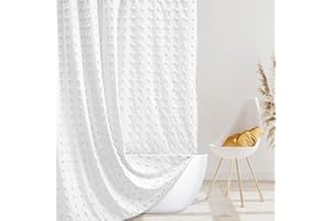 Siiluminisoy Boho Farmhouse White Shower Curtain Woven Fabric Shower Curtain, 72 x 72 Tufted Pleat Floral Puffs Textured Modern Farmhouse Minimalist Shower Curtain Set with Hooks for Bathroom