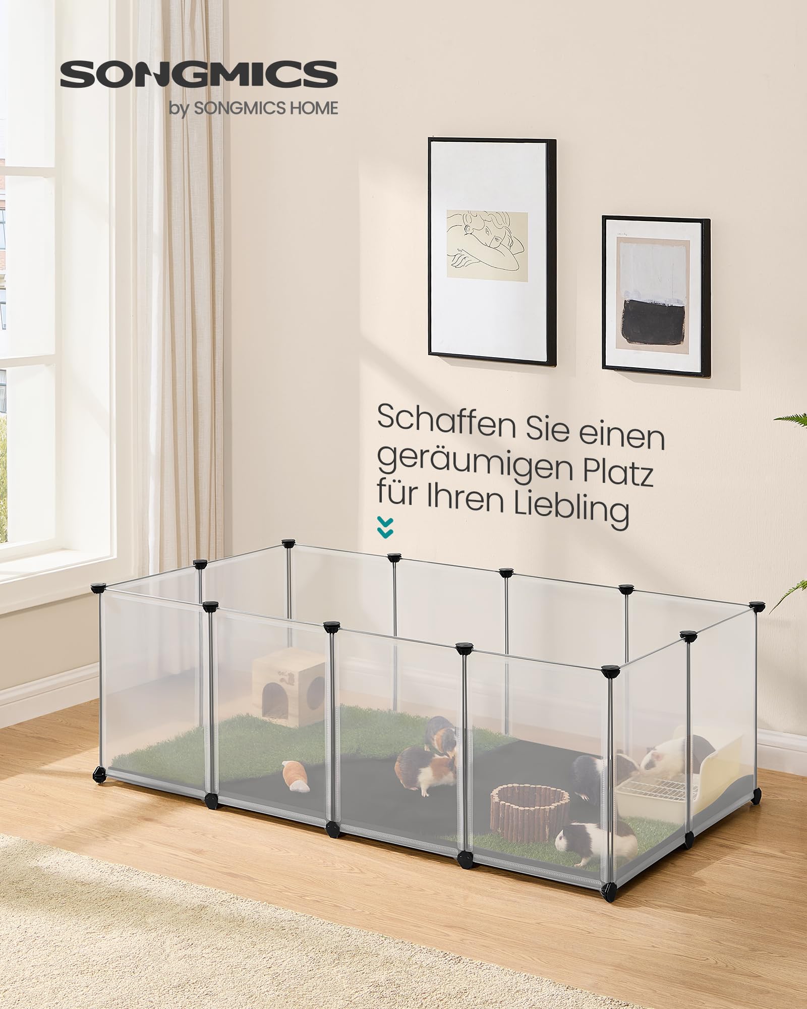 SONGMICS Kleintiergehege mit Bodenplatten, Laufstall mit Abnehmbarer und wasserfester Unterlage, Gehege für Hamster, Kaninchen, Meerschweinchen, 143 x 73 x 46 cm, weiß LPC012W01 2