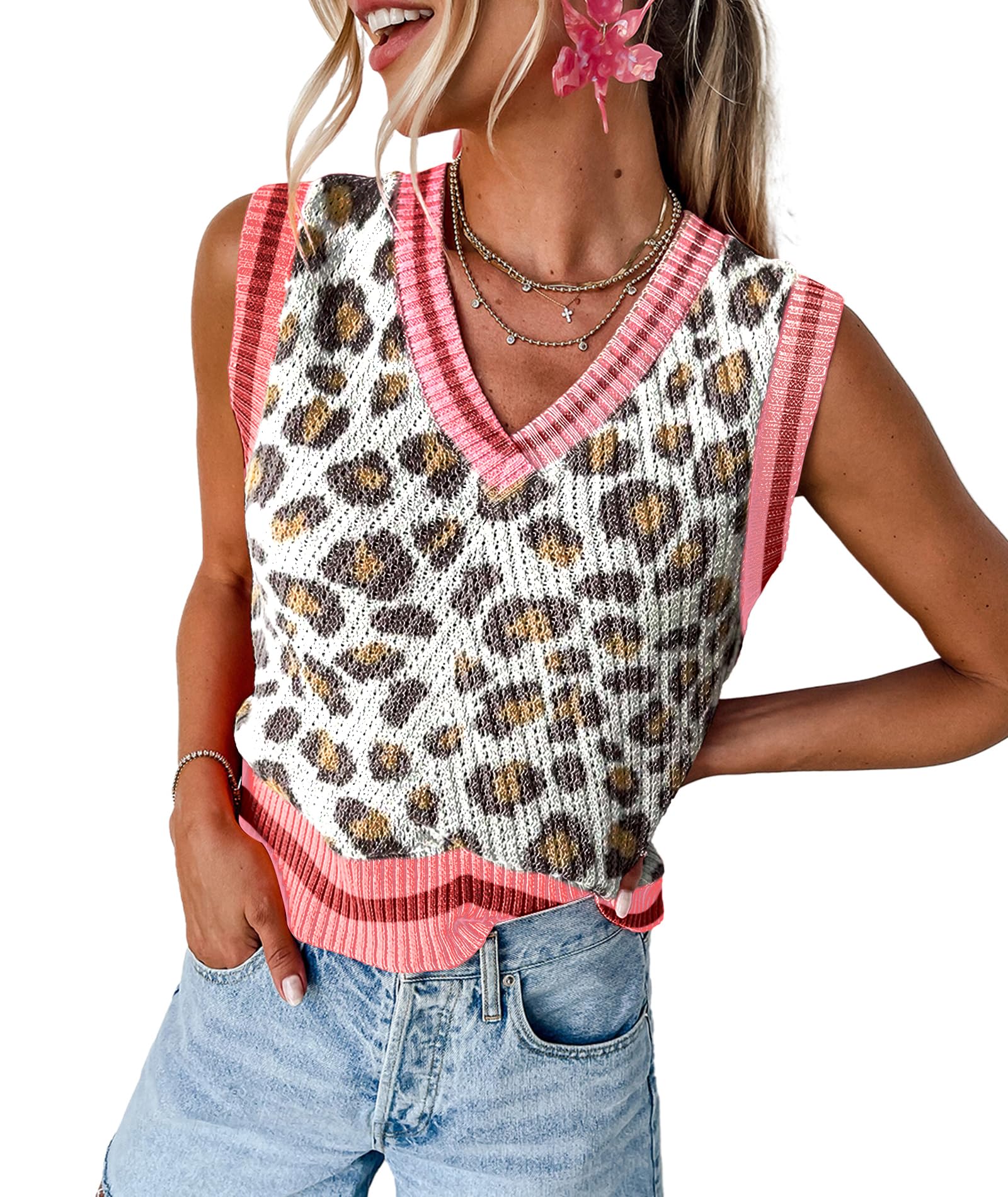 Photo 1 of MARZXIN Women Sleeveless Sweater V Neck Casual 2026 Knitted Chevron V Neck Sweater Vest Color Block Pullover Sweater Top Pink White Leopard M