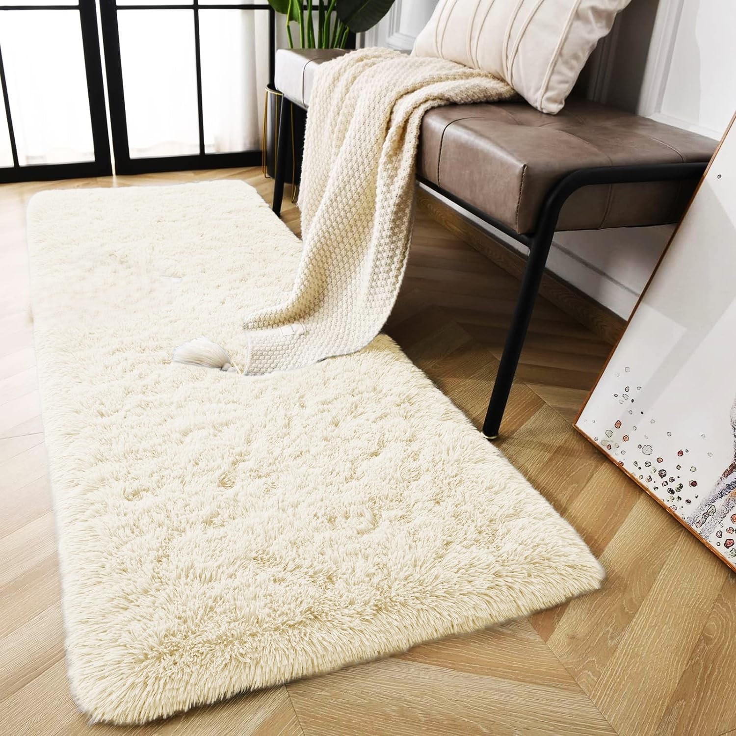 AMEHA Cream Shaggy Runner Rug 60x220 cm Fluffy Soft Non Slip Long Hallway Carpet for Bedroom Living Room Non-Shedding