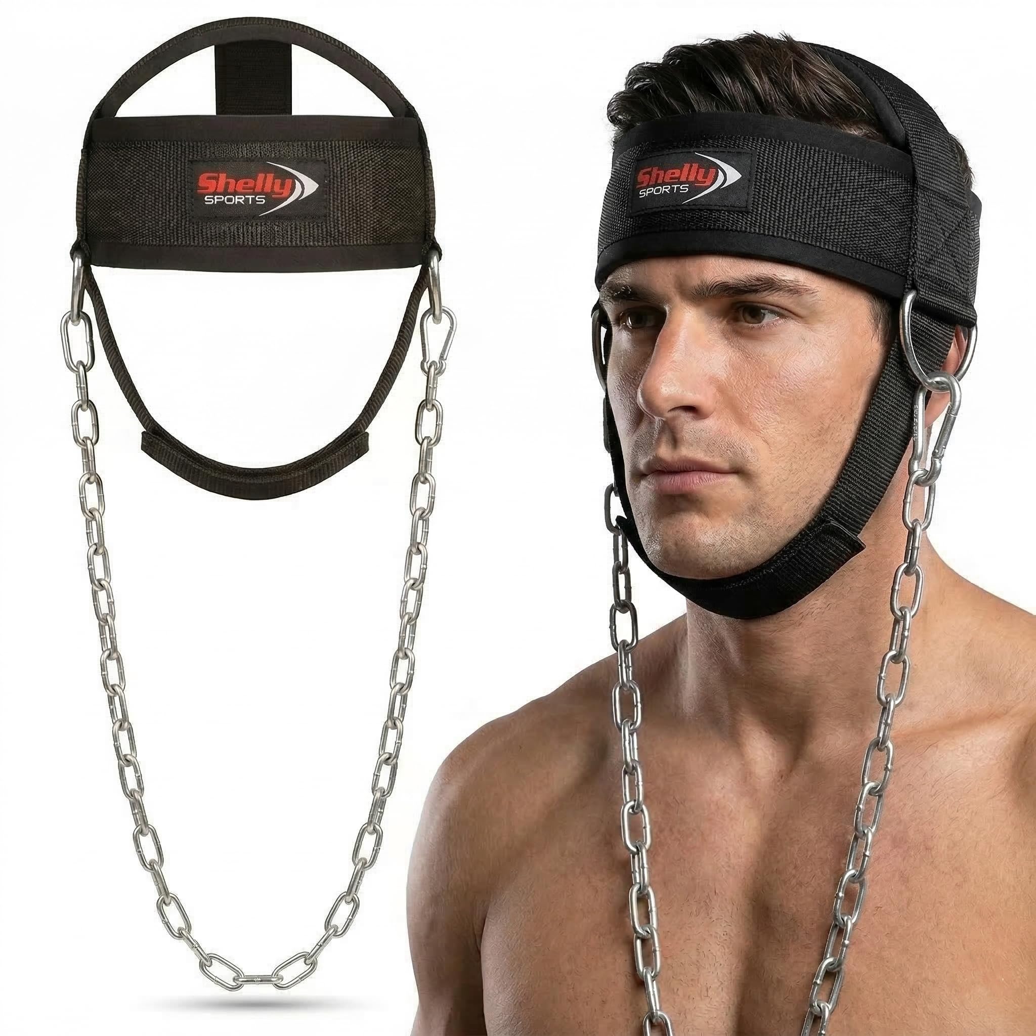 SHELLY Neck Harness for Weight Lifting neck trainer Builder Neck Exerciser Head Harness Injury Recovery Head Trainer Men Neck Back Pain Adjustable Long Steel Chain & Strap for Muscle Strength Training