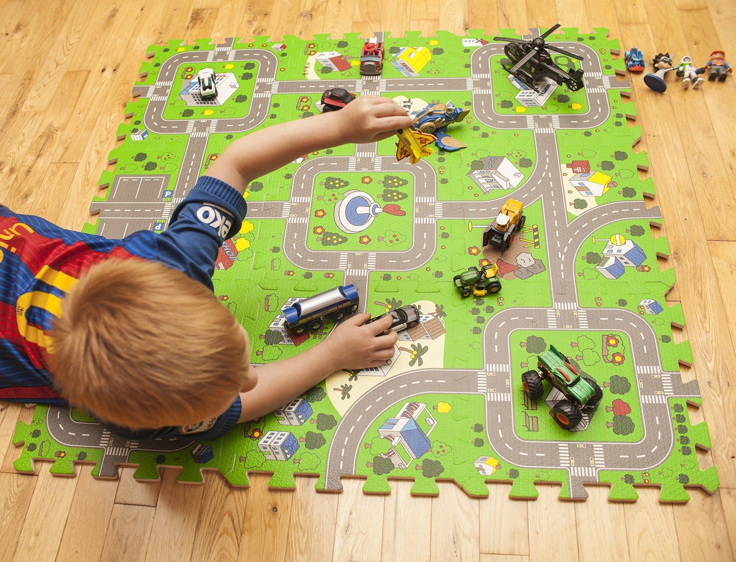 Play Mat Road Toy Foam Playmat Interlocking Floor Puzzle Road Playroom Mat Interactive Play Set Bundle with Hot Wheels Cars (5 pc - Car Set): Toys & Games