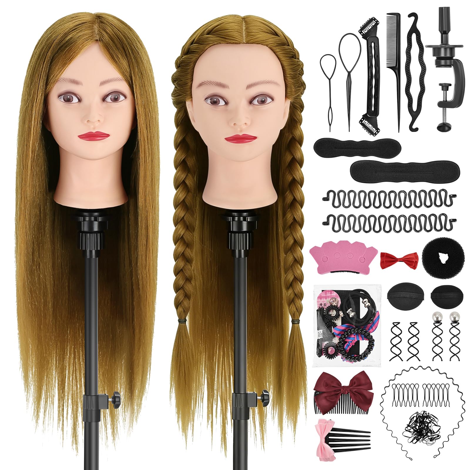 TwoWin 80% Real Hair Training Head, 22" Styling Head for Hairdressing Cosmetology Mannequin Manikin Head With Clamp Stand, Various Hair Accessories, Gift Set