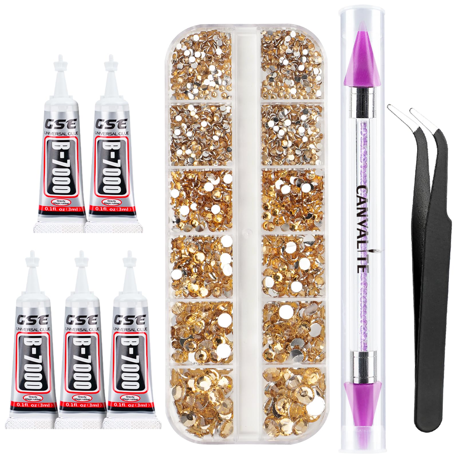 Photo 1 of Canvalite 2784Pcs Gold Rhinestones Flatback Gems, Nail Rhinestones Nail Art Gems with Jewelry Glues, Pick Up Tweezers and Rhinestone Picker Dotting Pen, Nail Art Tools for Nails, Clothes, Face, Craft
