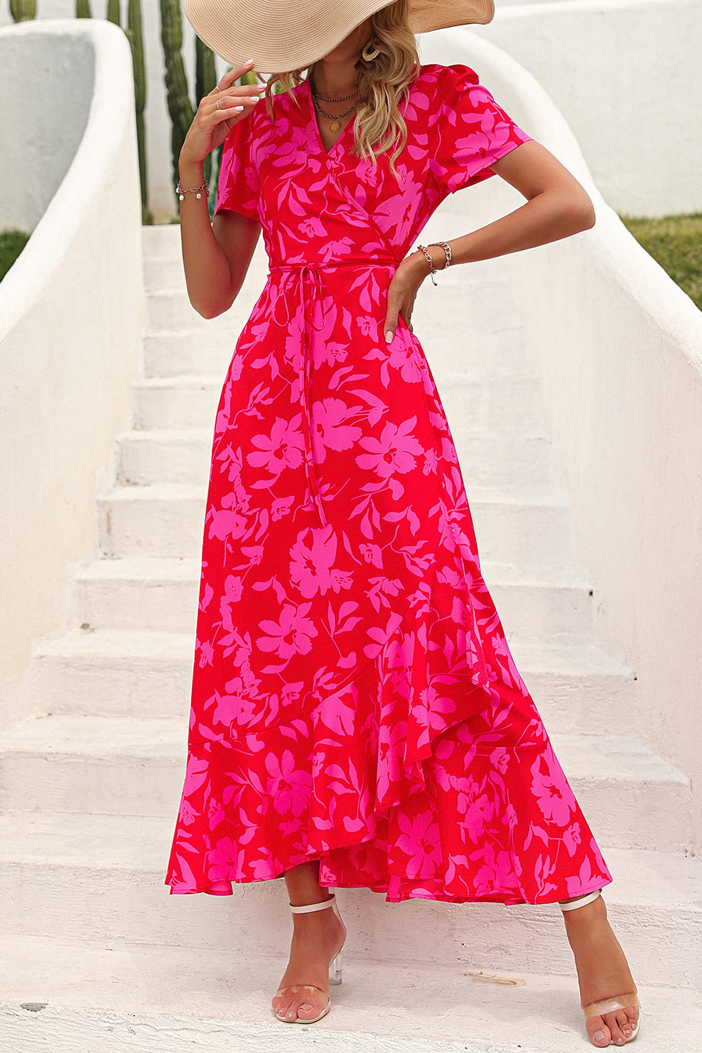 PRETTYGARDEN Women's Summer Wrap Maxi Dress Casual Boho Floral V Neck Short Sleeve Ruffle Hem Split Beach Long Dresses (Red Floral,X-Small) - Image 9