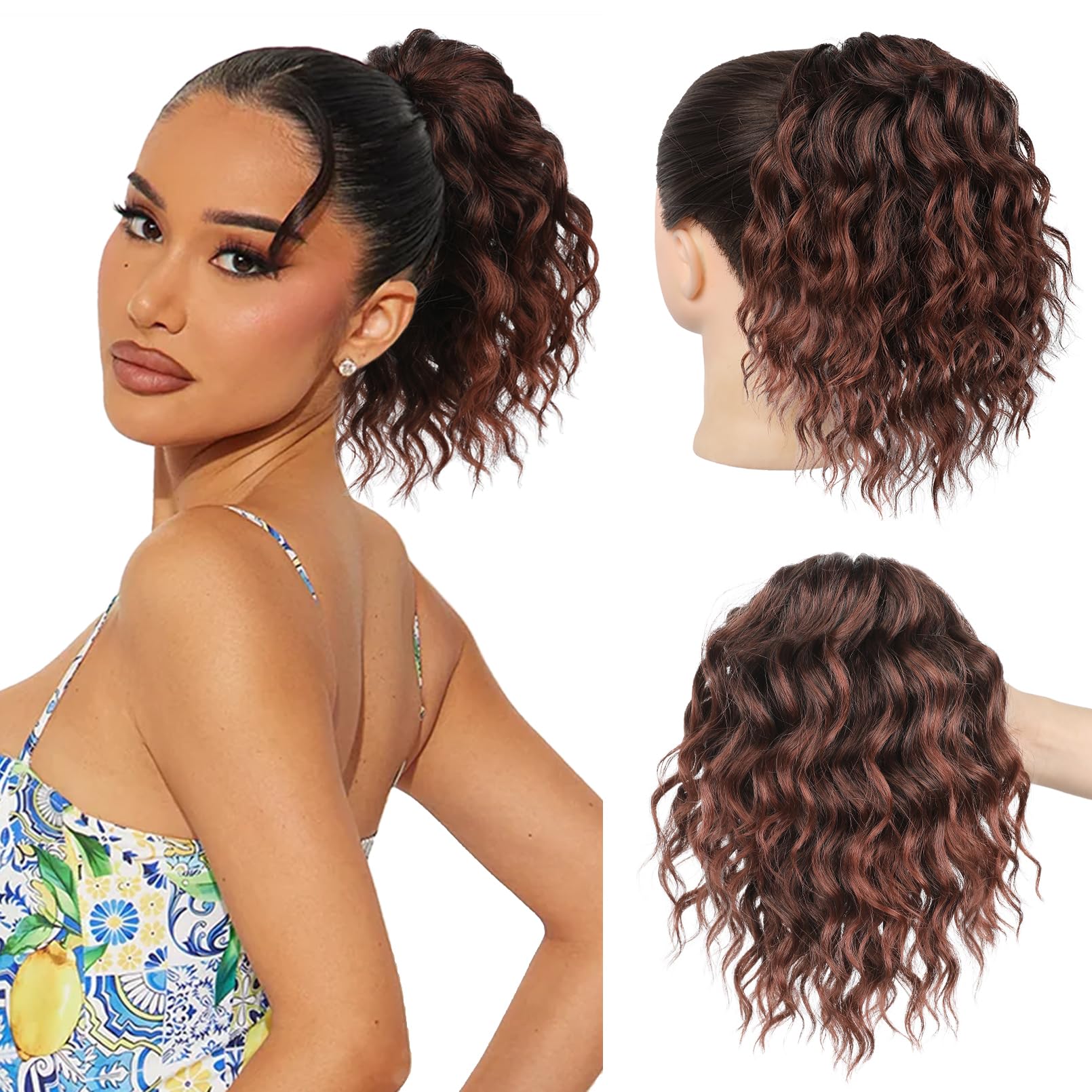 Photo 1 of REECHO Ponytail Extension, 10” Short Curly Claw Clip Ponytail Extension for Black Women, Synthetic Fluffy Soft Wavy Pony Tails Hair Extensions, Ombre Auburn