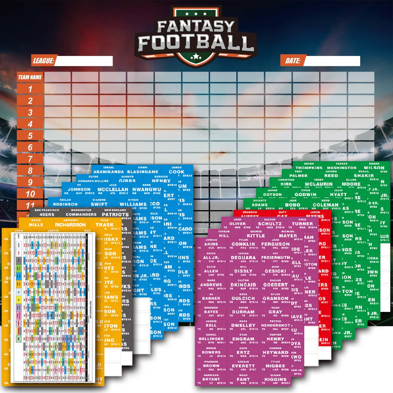 Photo 1 of 2025-2026 Fantasy Football Draft Board Kits with 12 Team 20 Round 500+Player Labels and Blank Labels Including Schedule