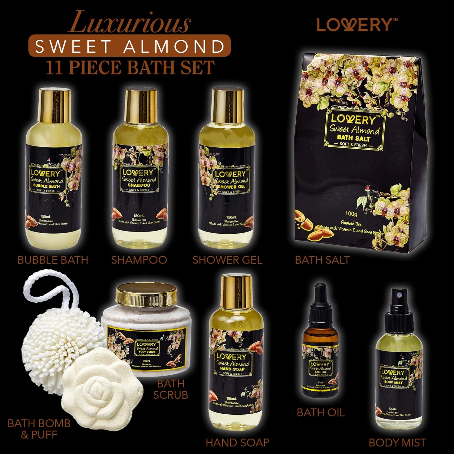 Bath and Body Gift Basket For Women and Men – Sweet Almond Home Spa Set with Fragrant Body Lotions, Bath Bombs, Gold Candy Dish and Much More - 11 Piece Set : Beauty