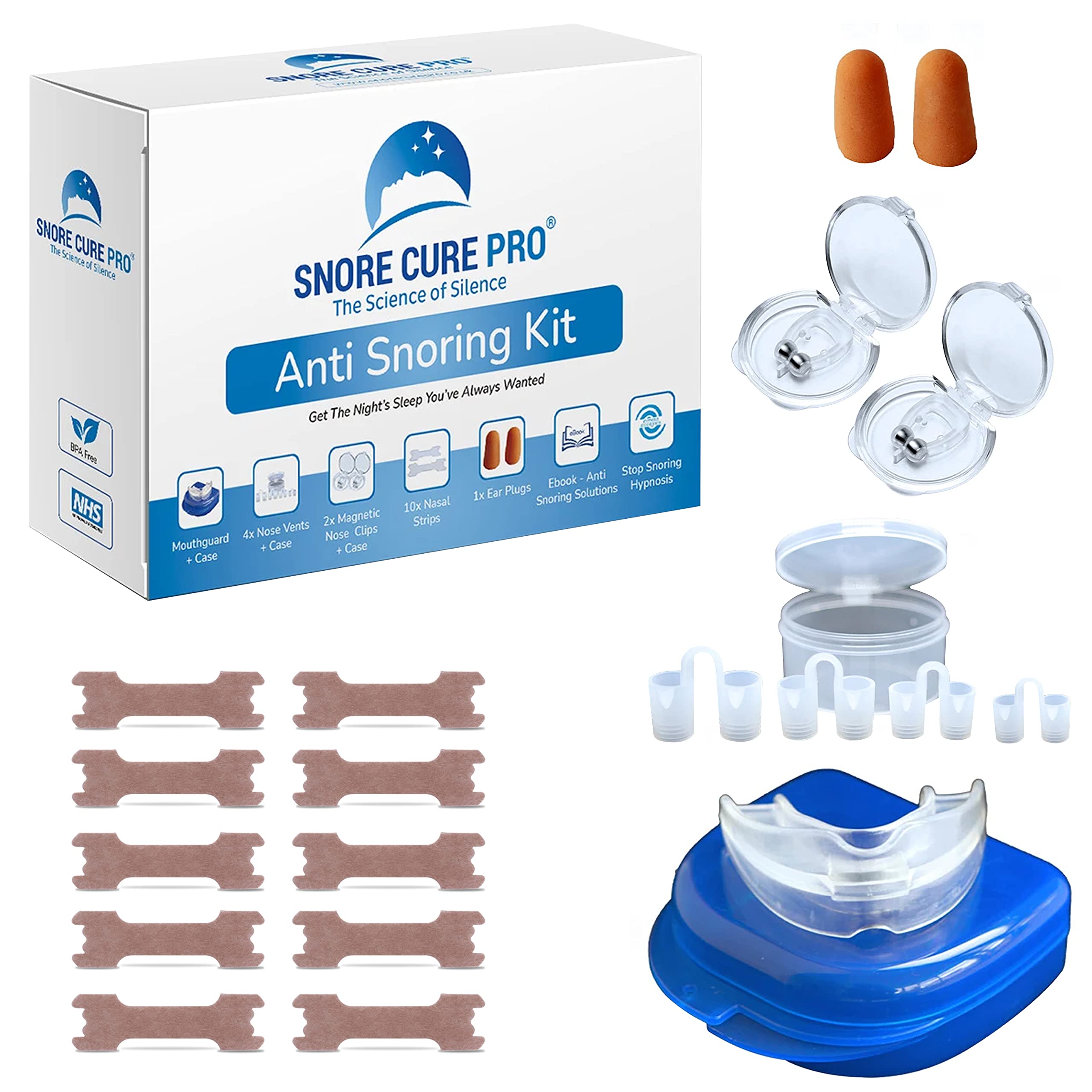 Anti Snore Devices Kit | 1 Mouth Guard | 10 Nasal Strips | 4 Nose Vents | 2 Nose Clips | Ear Plugs | Custom Stop Snoring Hypnosis Recording + Ebook | Premium Snoring aids for Men & Women