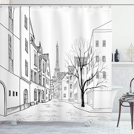 Amazon Com Ambesonne Cityscape Shower Curtain Paris Street Sketch Of Houses Buildings And Trees In The Alleyway On Eiffel Tower Background Cloth Fabric Bathroom Decor Set With Hooks 70 Long Black And White