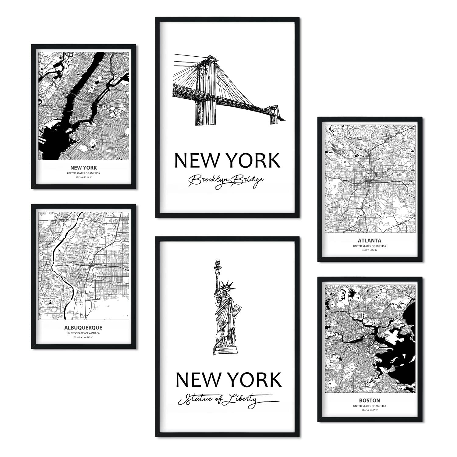 Nacnic Set of 6 prints of USA. Aesthetic posters of maps and monuments in Black and White for your home, business, office. Nordic style interior decoration. A4 and A3 sizes. Without frame.
