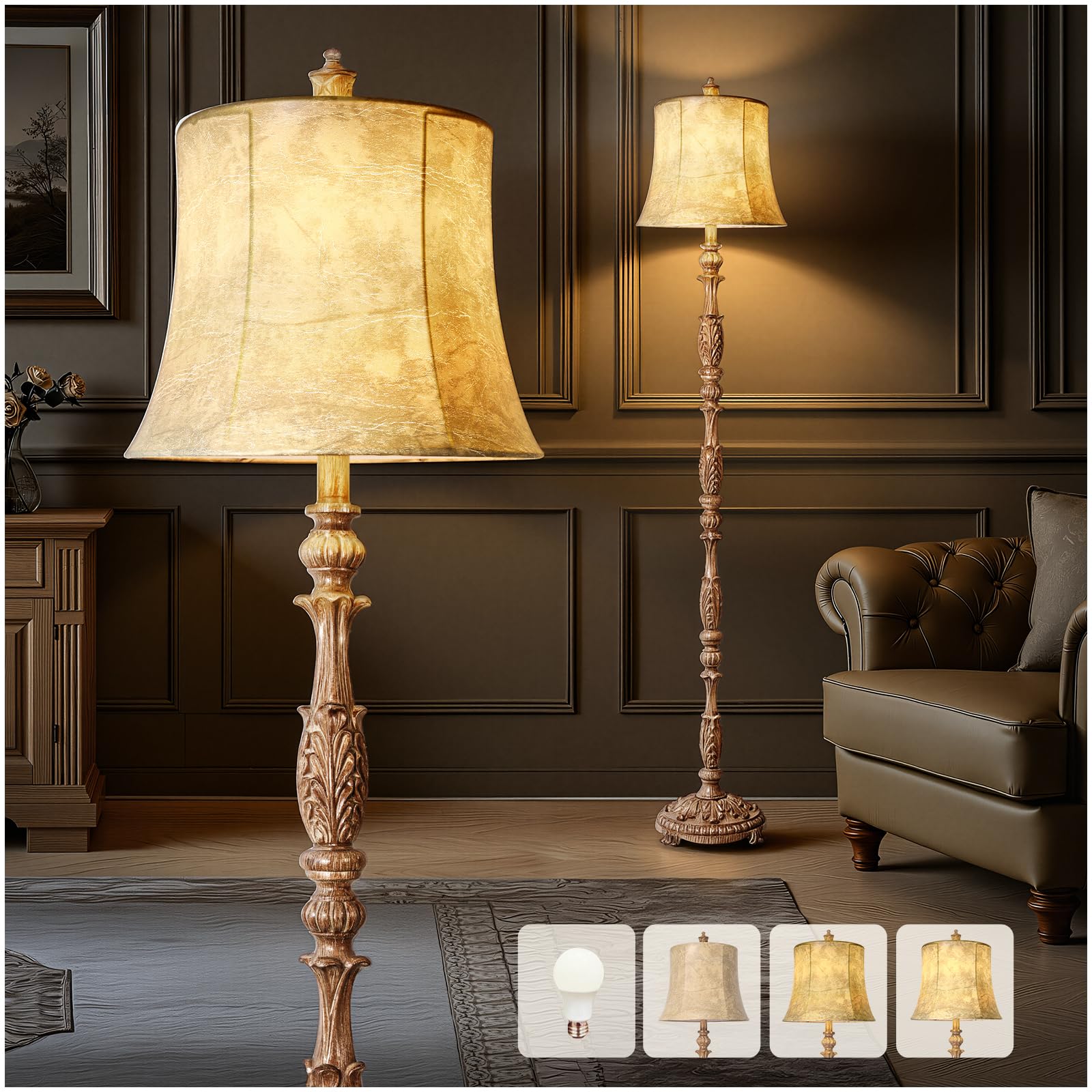 Photo 1 of Scenekoy Vintage 66” Tall Floor Lamp for Living Room Bedroom, Resin Carved Standing Lamp with Faux Leather Shade, Adjustable Bulb, Rotary Switch Rustic Lamp for Home Decor (Light Brown)