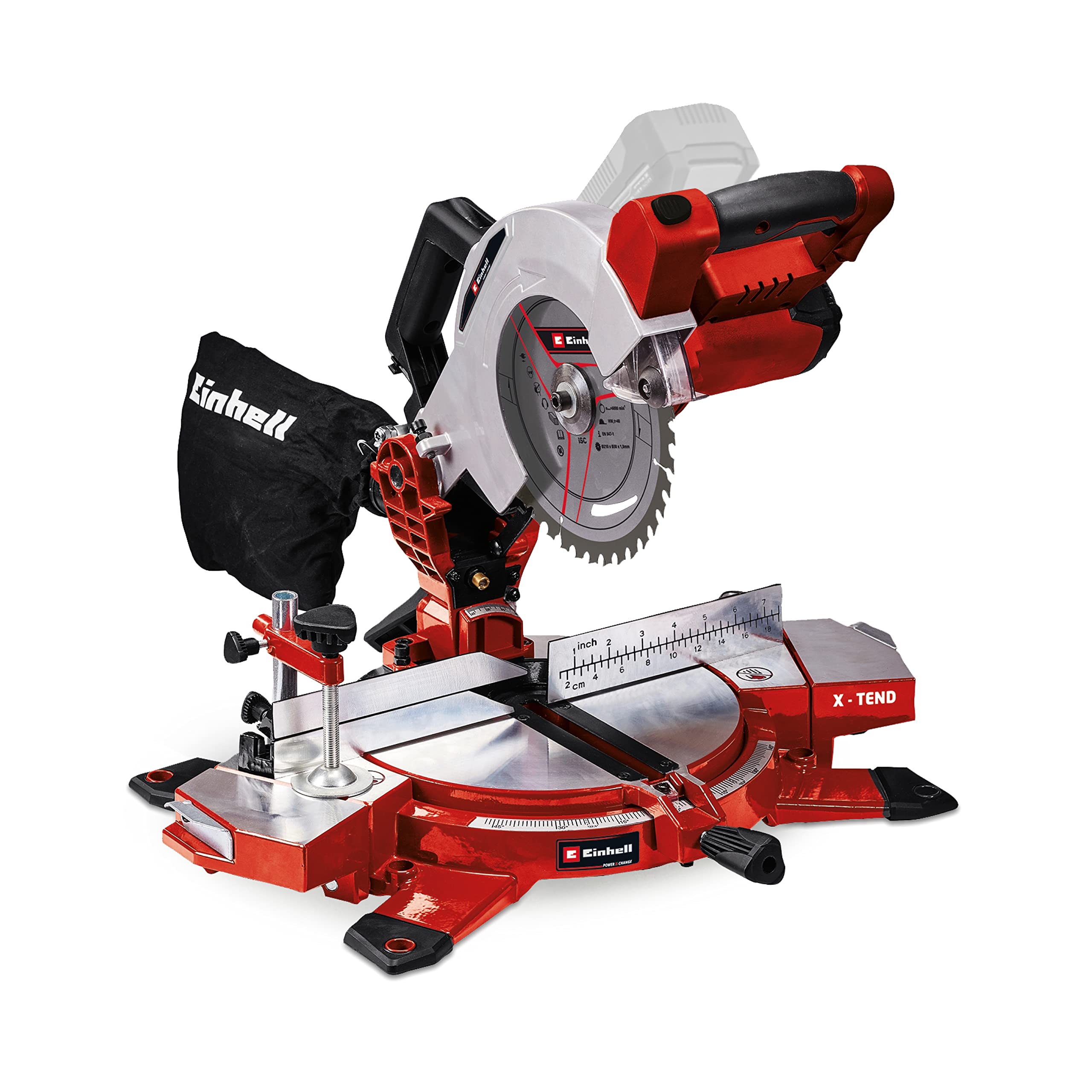 Einhell Cordless Mitre Saw 18V Power X-Change, 3000 RPM Circular Saw with Work Table, LED, Dust Collection, 45° Mitre, +/-47° Bevel, Without Battery TE-MS 18/210 Li Solo