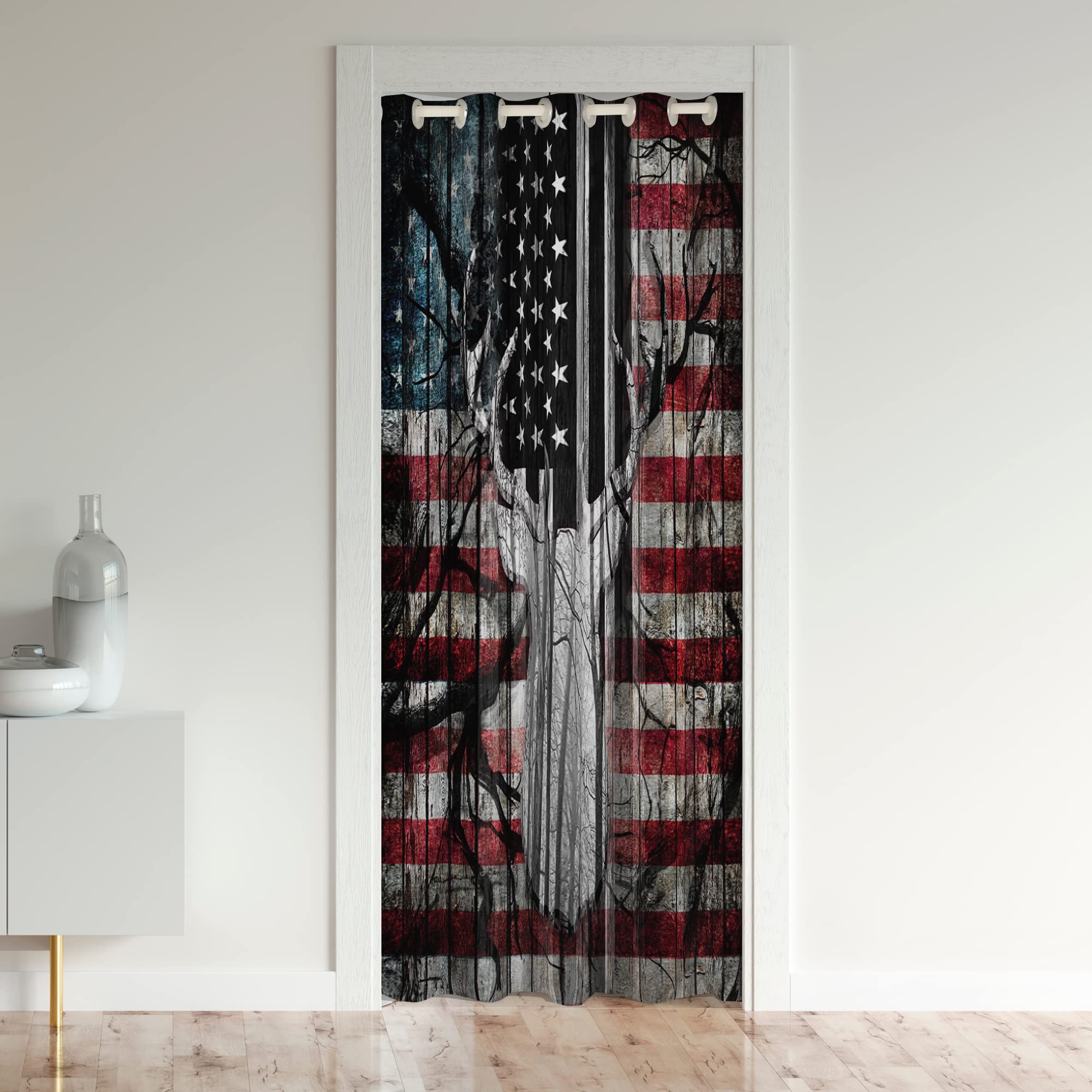 Loussiesd American Flag Door Curtain for Doorway Privacy,Cute Deer 30%-50% Room Darkening Blackout Curtain,Deer Hunting Antlers Western Farmhouse Red Blue Room Divider Curtain Cover,132x203cm 1 Panel