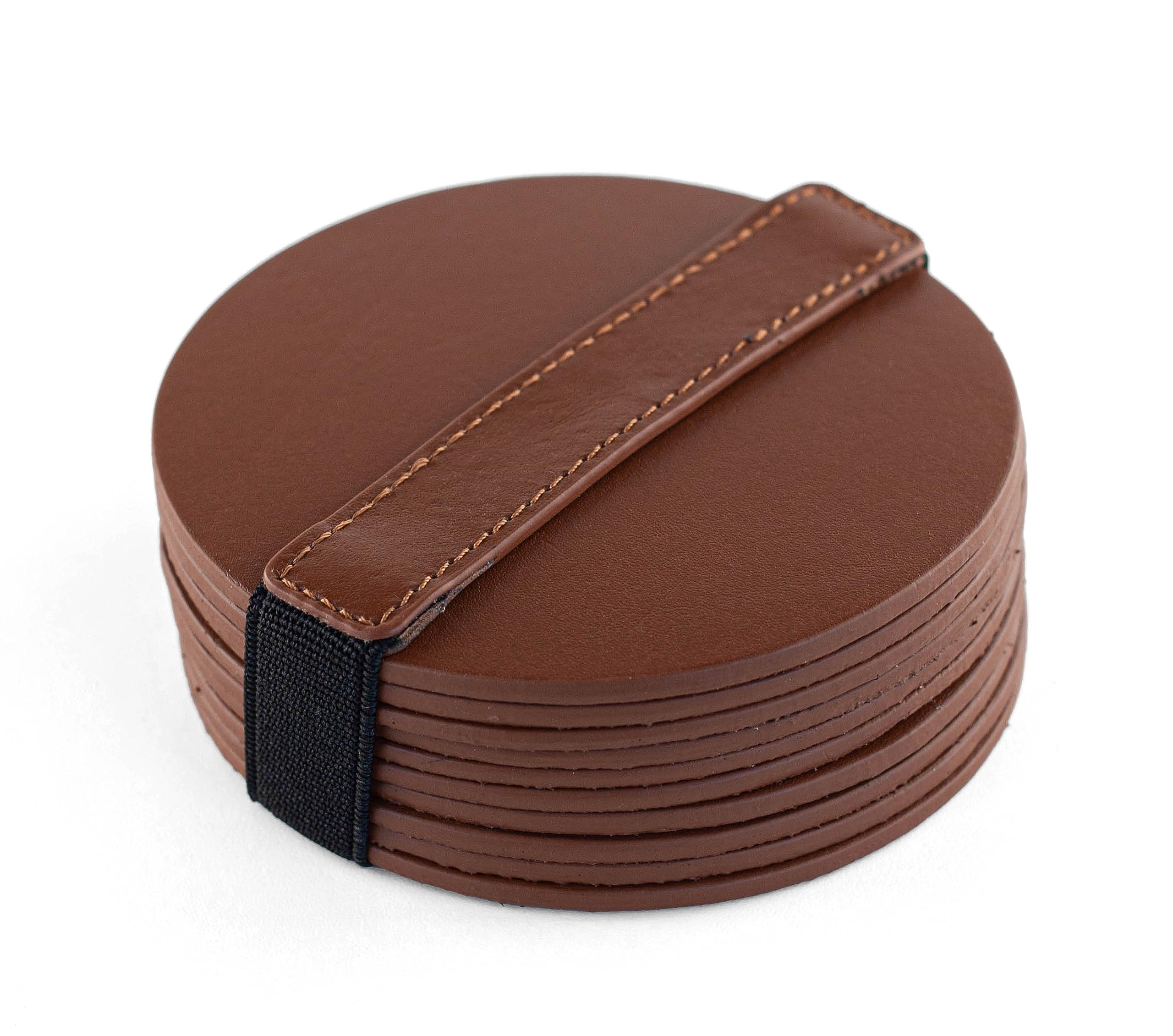 Brute Strength - Full grain leather coasters - Cognac - Round - 10 pcs - Round coaster for glass - Coasters for drinks - includes holder
