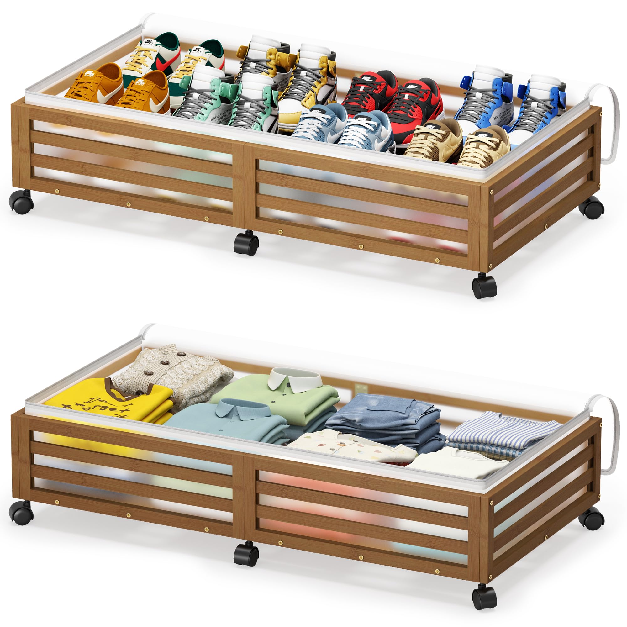 View 1 of Under Bed Storage with Wheels-Large Bamboo Underbed storage Containers with Large Dust Bag Stackable Under the Bed Shoe Storage Bins for Clothes Books Bedding (2 Packs walnut, 33.07"L×16.54"W× 6.5"H)