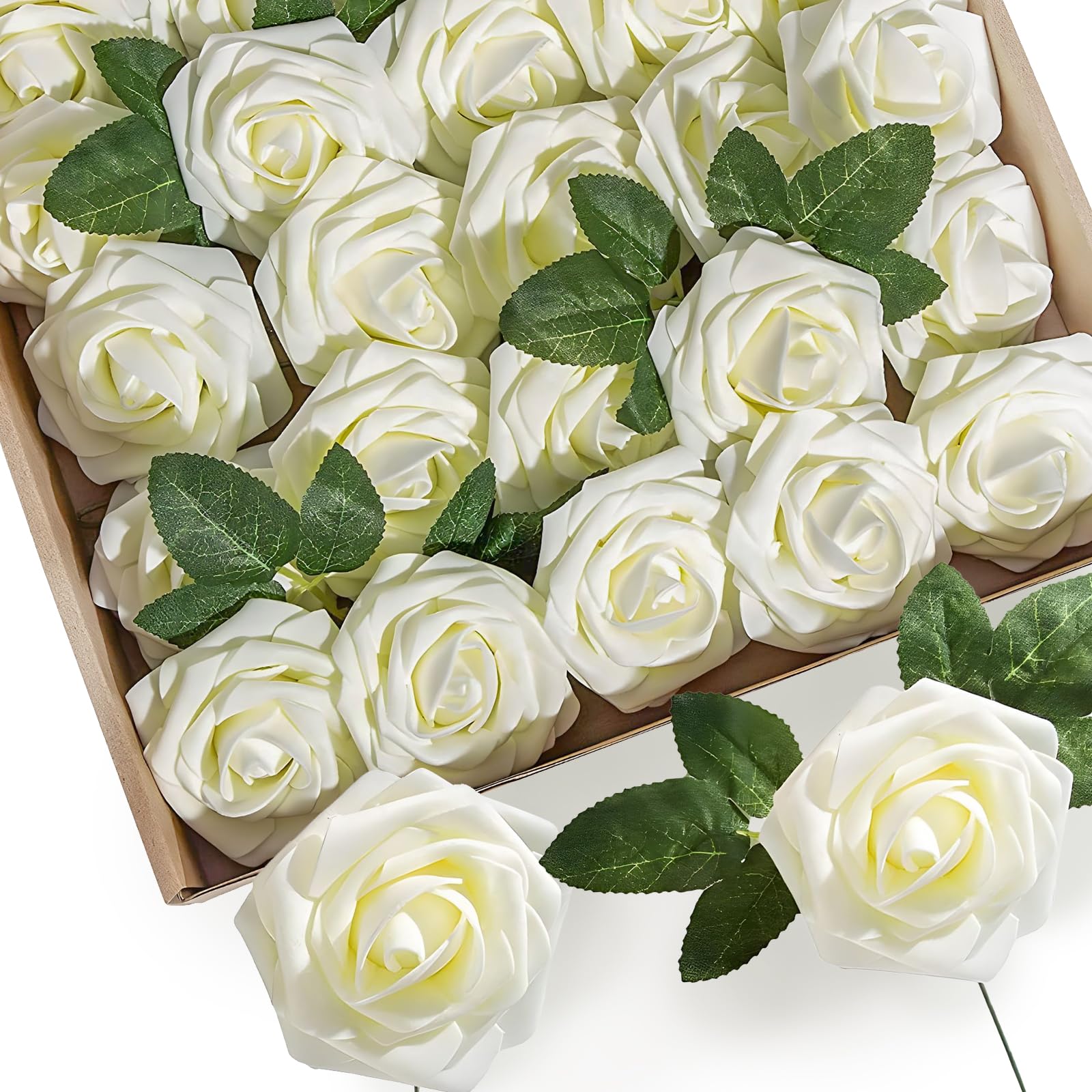 SXCCNW White Roses Artificial Flowers 25 PCS – Foam Roses Bouquet, Realistic White Artificial Roses with Stems for Home Wedding Office Decoration, Vase Filler, Floral Arrangement