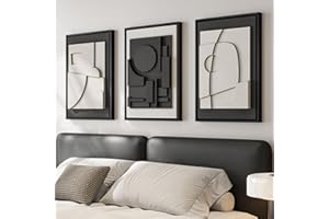 3D Textured Framed Black and White Abstract Wall Art for Bedroom, 3 Piece Modern Paintings Artwork for Walls, Minimalist Blac