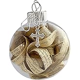 Religious Rescued Antique Bible Pages Verses Strips Hanging Christmas Tree Ornament Beautiful Cross Charm Hanger and Faith Quote Card Shatterproof Round Disc for Best View
