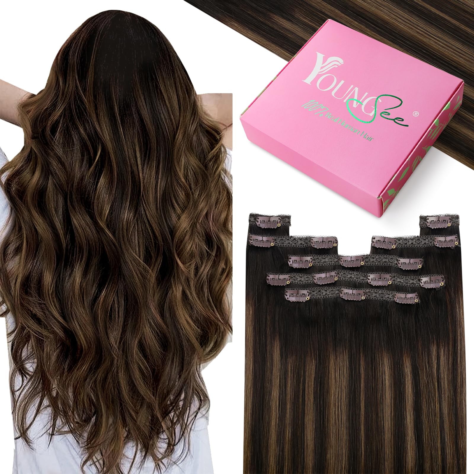 YoungSee Clip in Human Hair Extensions Brown 18inch Real Human Hair Clip in Extensions Dark Brown Mix Medium Brown Balayage Invisible Clip-in Hair Extensions for Beginner 120g 7Separate Pieces — image 1