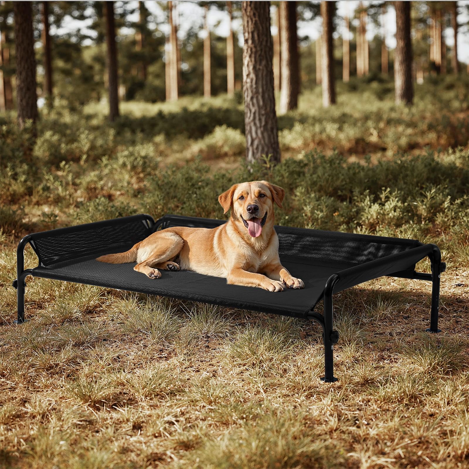 Photo 1 of Gardner Pet Elevated Dog Bed Large Sized Dog, Outdoor Raised Bed Waterproof Portable Cooling Cot Pet Hammock Bed with 3-Sided Guardrail, Breathable Mesh, Black, 49 Inches