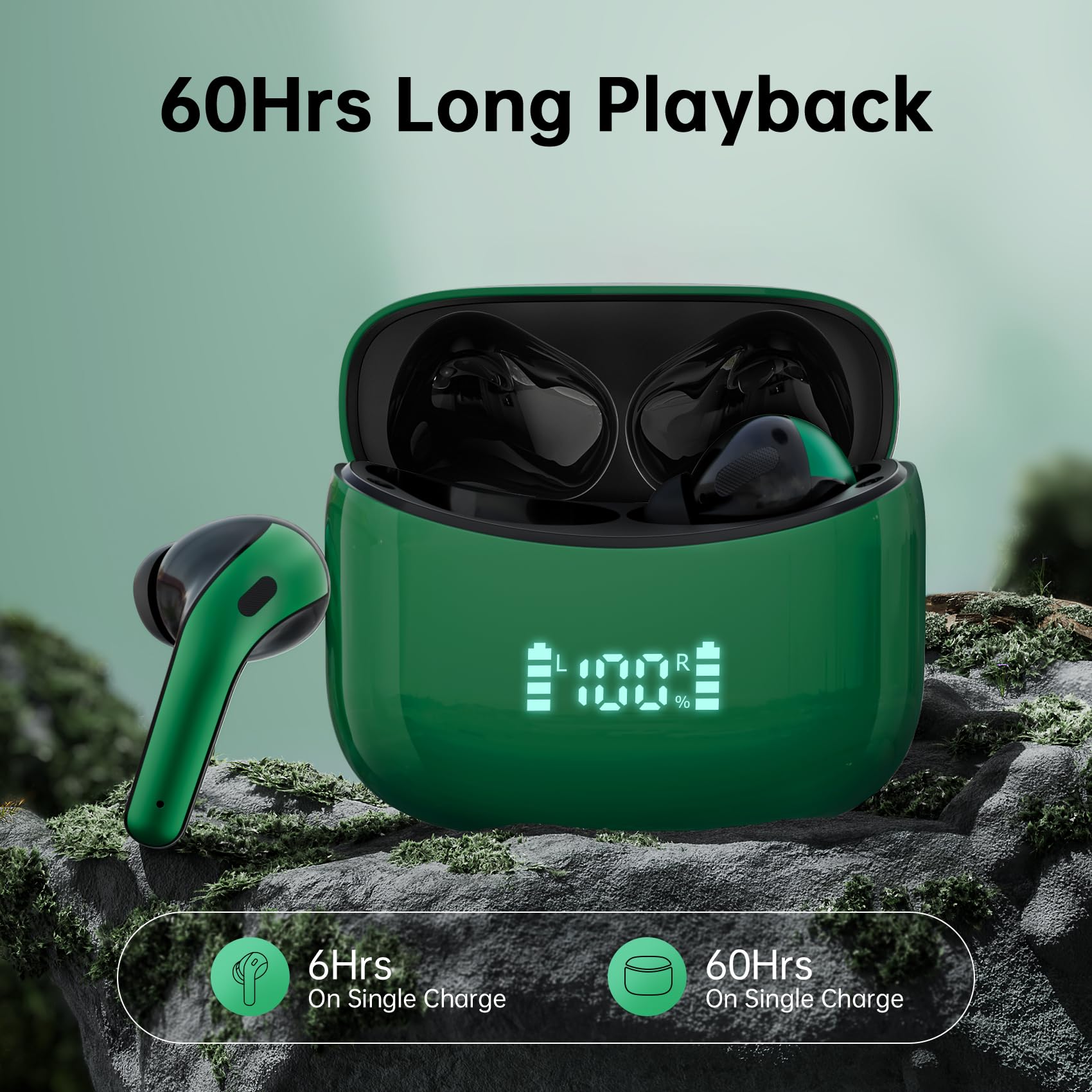 Wireless Earbuds Bluetooth 5.4 Headphones 60H Playtime Bass Stereo Ear Buds with Noise Cancelling Mic LED Display Earbud & in Ear Earphones IP7 Waterproof for Laptop Pad Phones Sports Workout Green M - Image 2