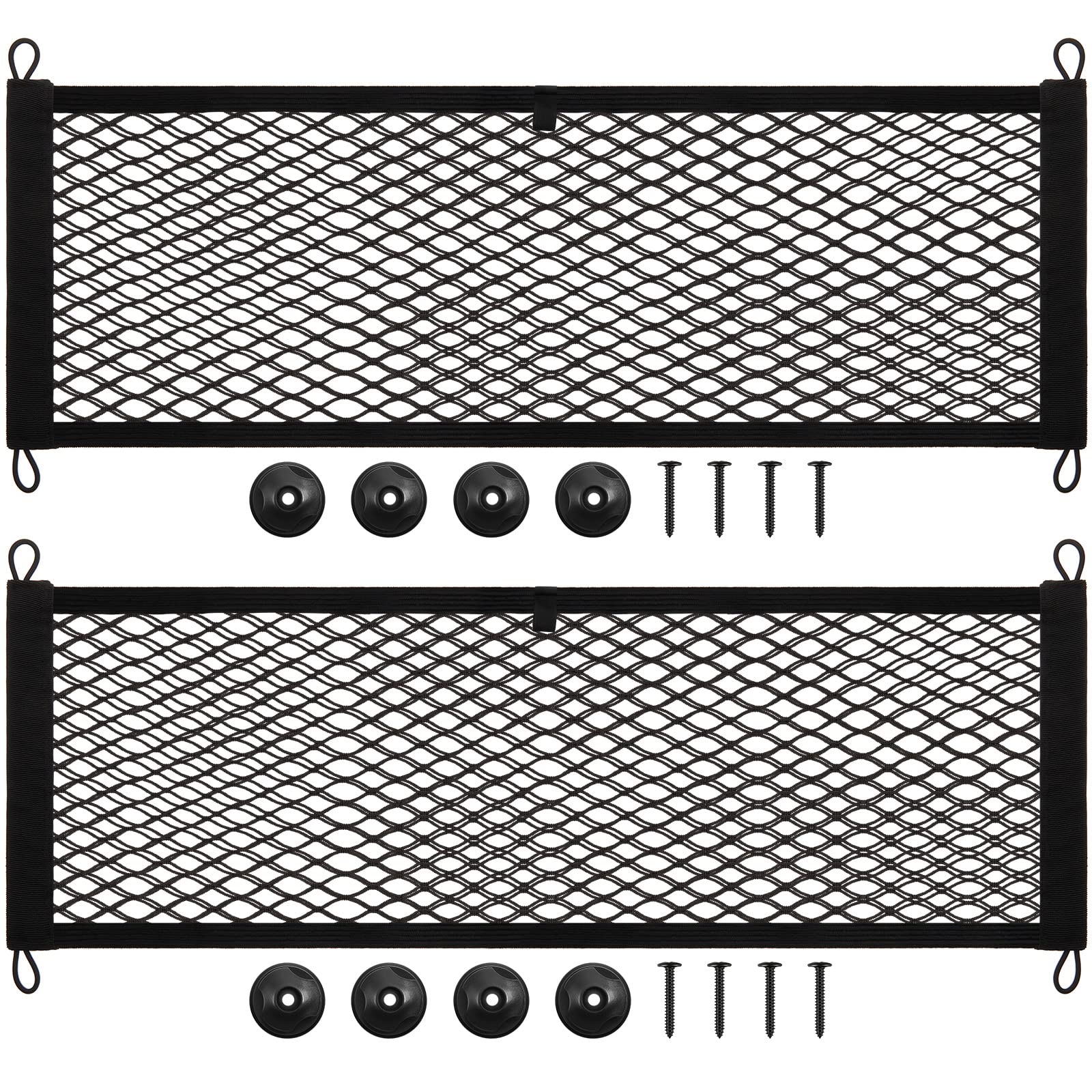 Photo 1 of Frienda 2 Pieces Stretchable Small Cargo Net Pocket Storage Mesh Net Elastic Automotive Storage Pouch with 8 Pieces Mounting Screws and Hooks for Truck Car SUV Boats(29 x 9.8 Inches)