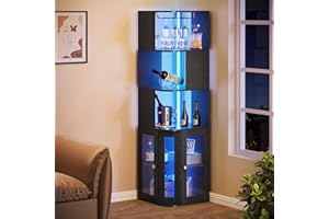 YITAHOME Corner Wine Cabinet with LED Lights & Glass Holder, Corner Bar Cabinet with Tempered Glass Door & Adjustable Shelves, Liquor Bar Rack Cabinet for Living Room, Dining Room, Kitchen, Black