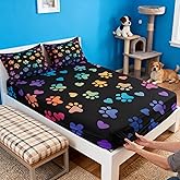 Manfei Dog Paw Print Kids Fitted Sheet Twin Size,Animal Pet Neon Bedding Set,Girls Boys Adults Home Bedroom Decor,Puppy Kawaii Cartoon Bed Cover,Colorful Rainbow Bed Sheet,2pcs,1 Pillowcase
