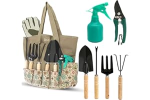 Scuddles 8-Piece Garden Tool Set with Heavy-Duty Tote Bag – Stainless Steel Gardening Tools with Wooden Handles, Non-Slip Grip, Gloves, Hand Rake, Trowel, Pruner & Sprayer for Planting & Landscaping