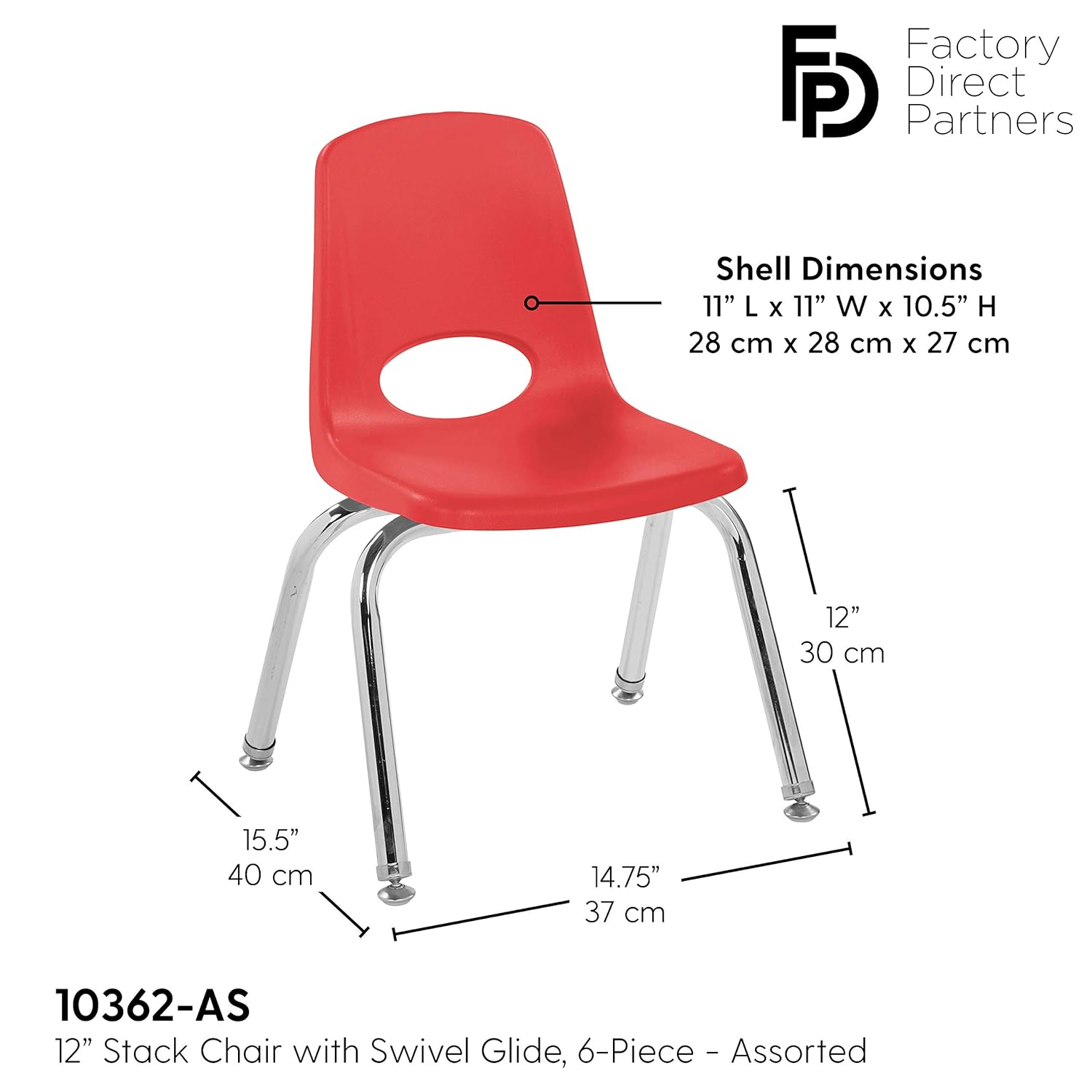 FDP 12" School Stack Chair, Stacking Student Seat with Chromed Steel Legs and Nylon Swivel Glides; for in-Home Learning or Classroom - Assorted Colors (6-Pack): Industrial & Scientific