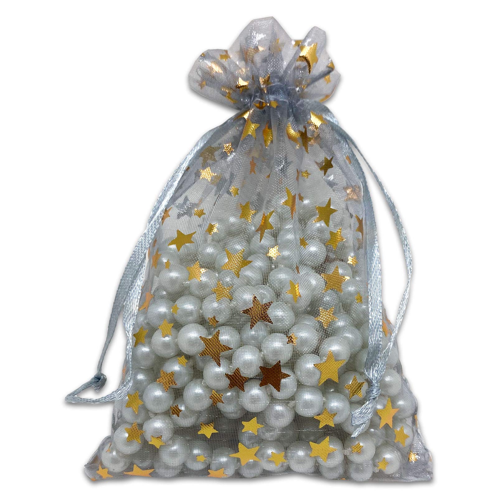100-Pack 4x6 Sheer Organza Drawstring Gift Bags (Medium) - Metallic Stars (Silver/Gold) - Wedding Party Favors, Jewelry, Candy, Treats Mesh Pouch by The Display Guys