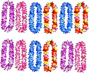 4 Pcs Blue Hawaiian Leis With Green Leaves For Graduation