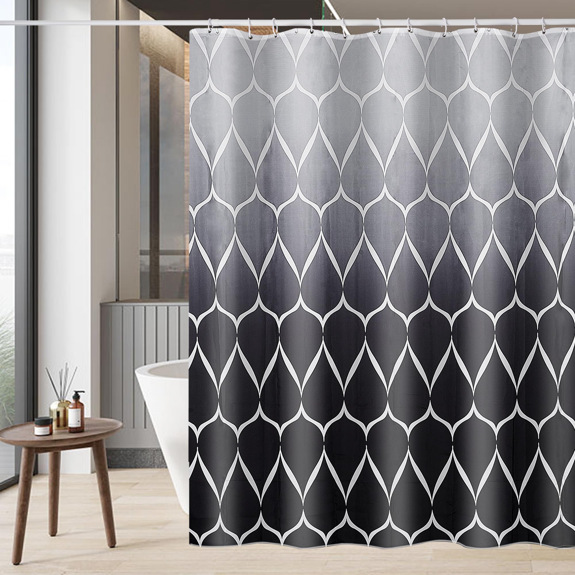 GERUIKE Extra Wide Weighted Shower Curtain 240 x 200 cm, Anti-Mould Waterproof Textile 130GSM Polyester Fabric, Machine Washable with 12 Rings & Grey Black Gradient Wave Pattern