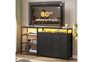HAUOMS TV Stand for 60 Inch TV,Entertainment Center with Power Outlets and LED Lights,L Shaped Convertible Dresser with Open Shelf, 6 Drawers with PU Finish, for Living Room,Black