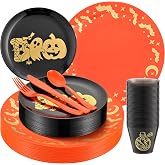 ISFANGCO 150Pcs Halloween Plastic Plates Set, Disposable Dinnerware for 25 | Orange dinner plates, black dessert plates, cups & orange cutlery for 25 guests. BPA-free, sturdy plastic, easy clean-up.