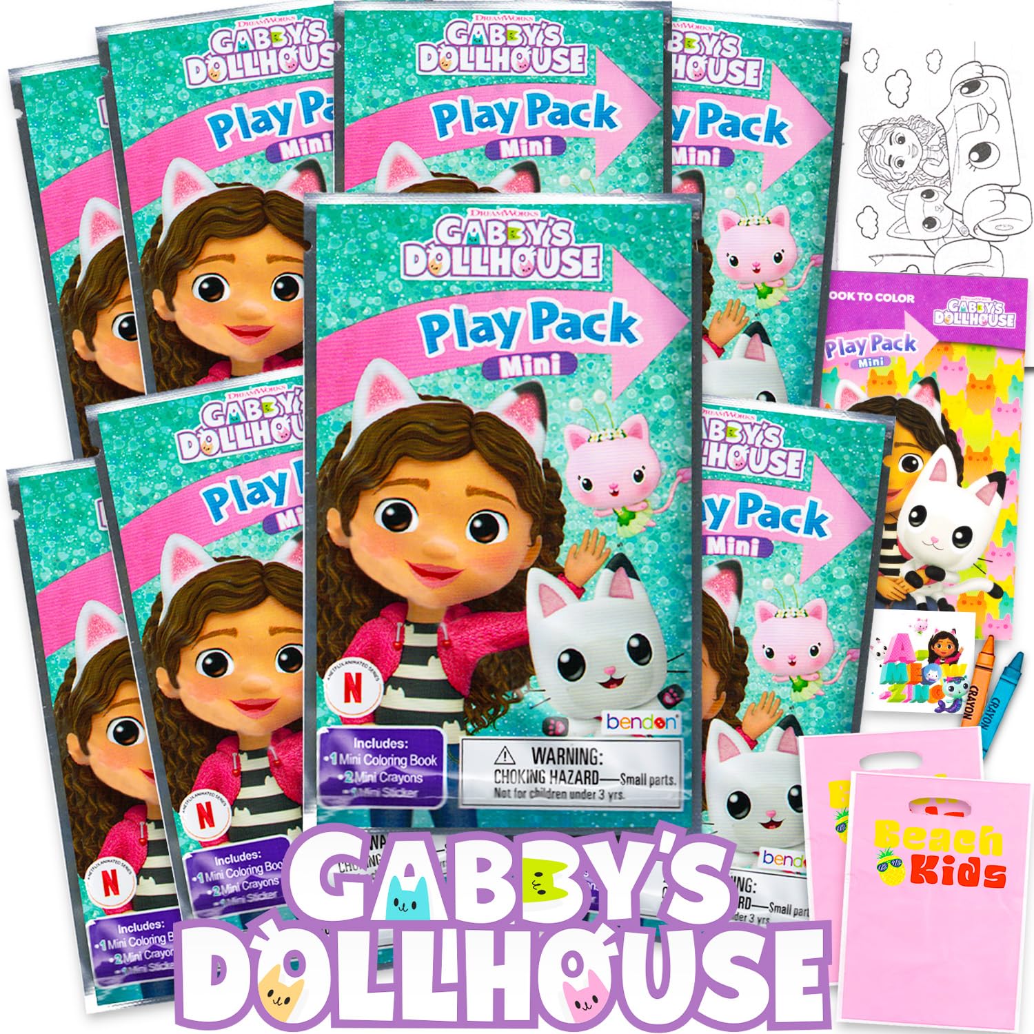 Photo 1 of 8 Pc Gabby's Dollhouse Mini Party Favors Set - Bundle 8 Play Packs with Mini Coloring Books, Stickers, and Goodie Bags | Gabby's Dollhouse Birthday Party Supplies Decorations