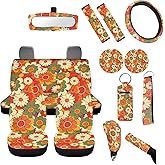FUIBENG 14 Pcs Beauty Hippie Floral Car Seat Cover Sets for Women Orange Boho Groovy Flower Auto Steering Wheel Cover+Seatbelt +Daisy Coasters+Keychains,Retro 70S Aesthetic Car Mirror Interior Cover