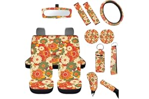 FUIBENG 14 Pcs Beauty Hippie Floral Car Seat Cover Sets for Women Orange Boho Groovy Flower Auto Steering Wheel Cover+Seatbelt +Daisy Coasters+Keychains,Retro 70S Aesthetic Car Mirror Interior Cover